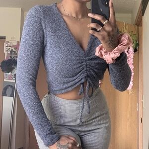 Women's Blue V-Neck Ruched Top